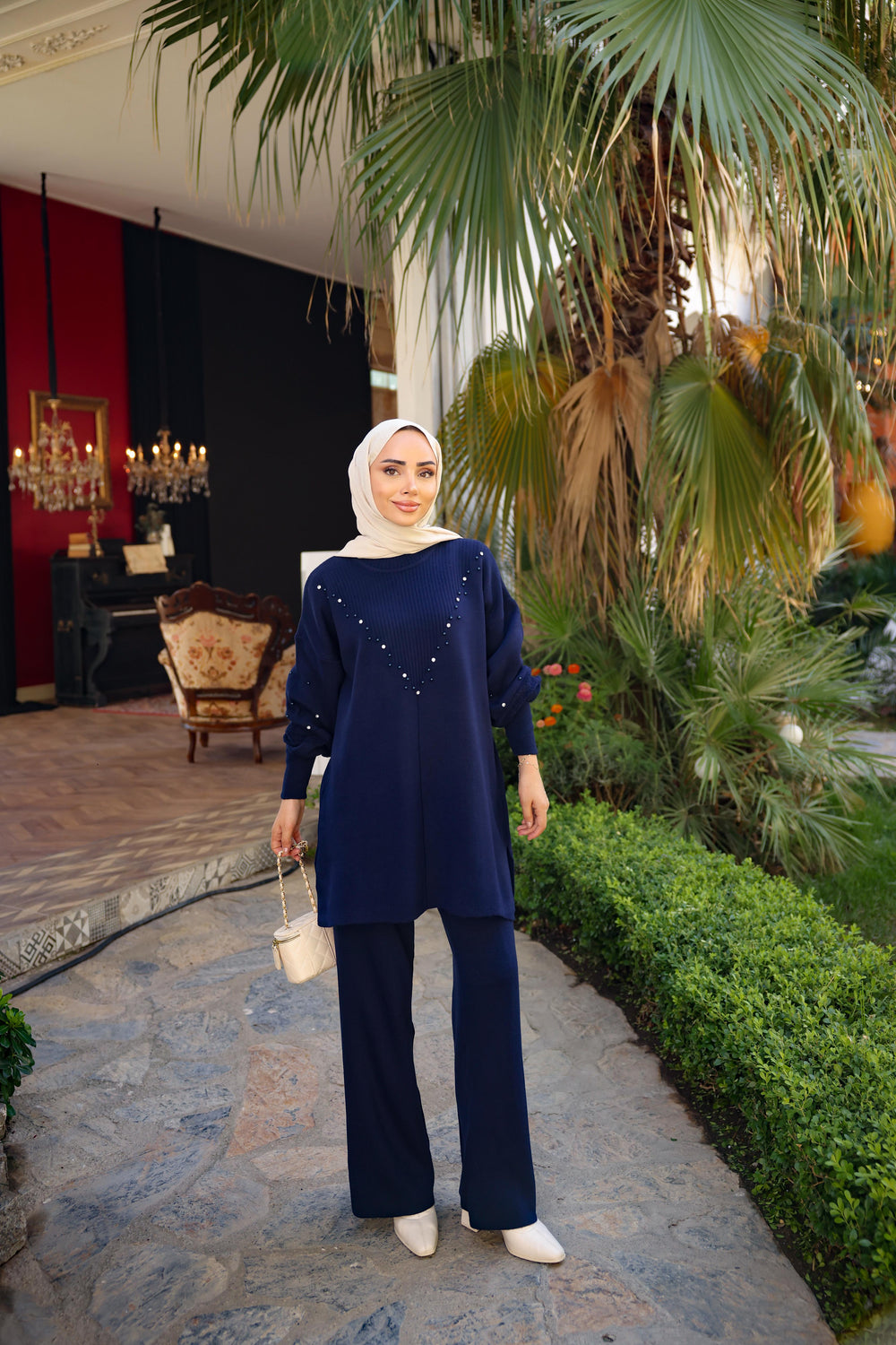 Navy Rhinestone Embellished Knit Coord Set