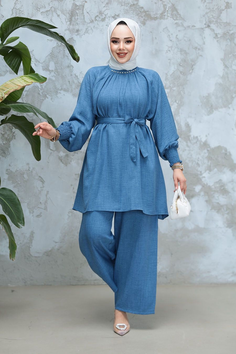 Pearl Neck Pleated Coord Set – Denim Blue