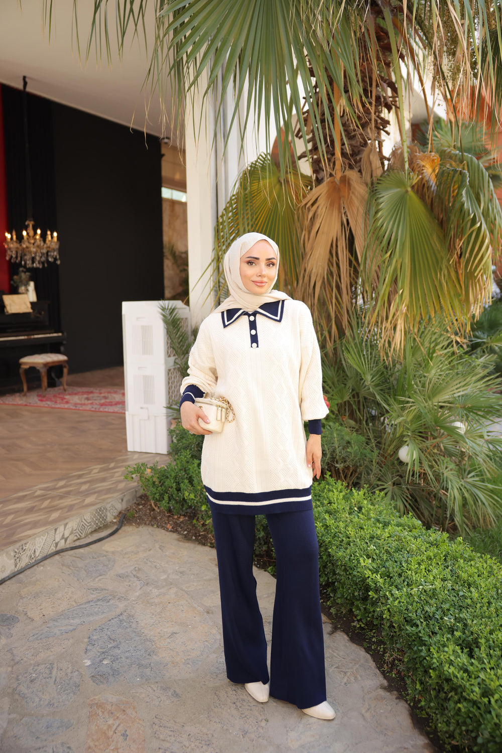 Cream Navy Collar Knit Coord Set