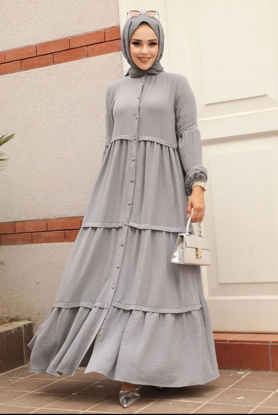 Grey Tiered Modest Maxi Dress