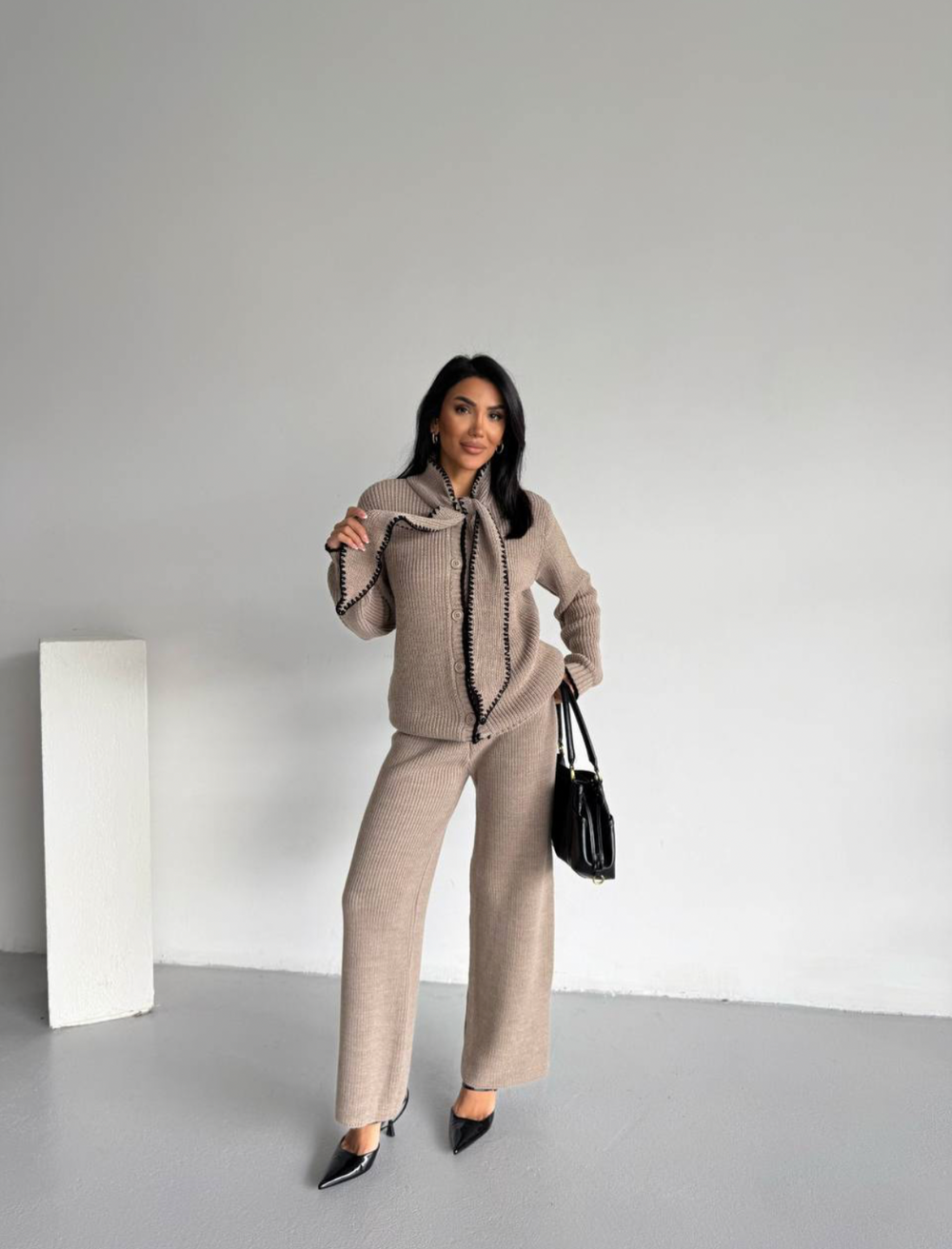 Taupe Contrast Trim Knit Coord Set
