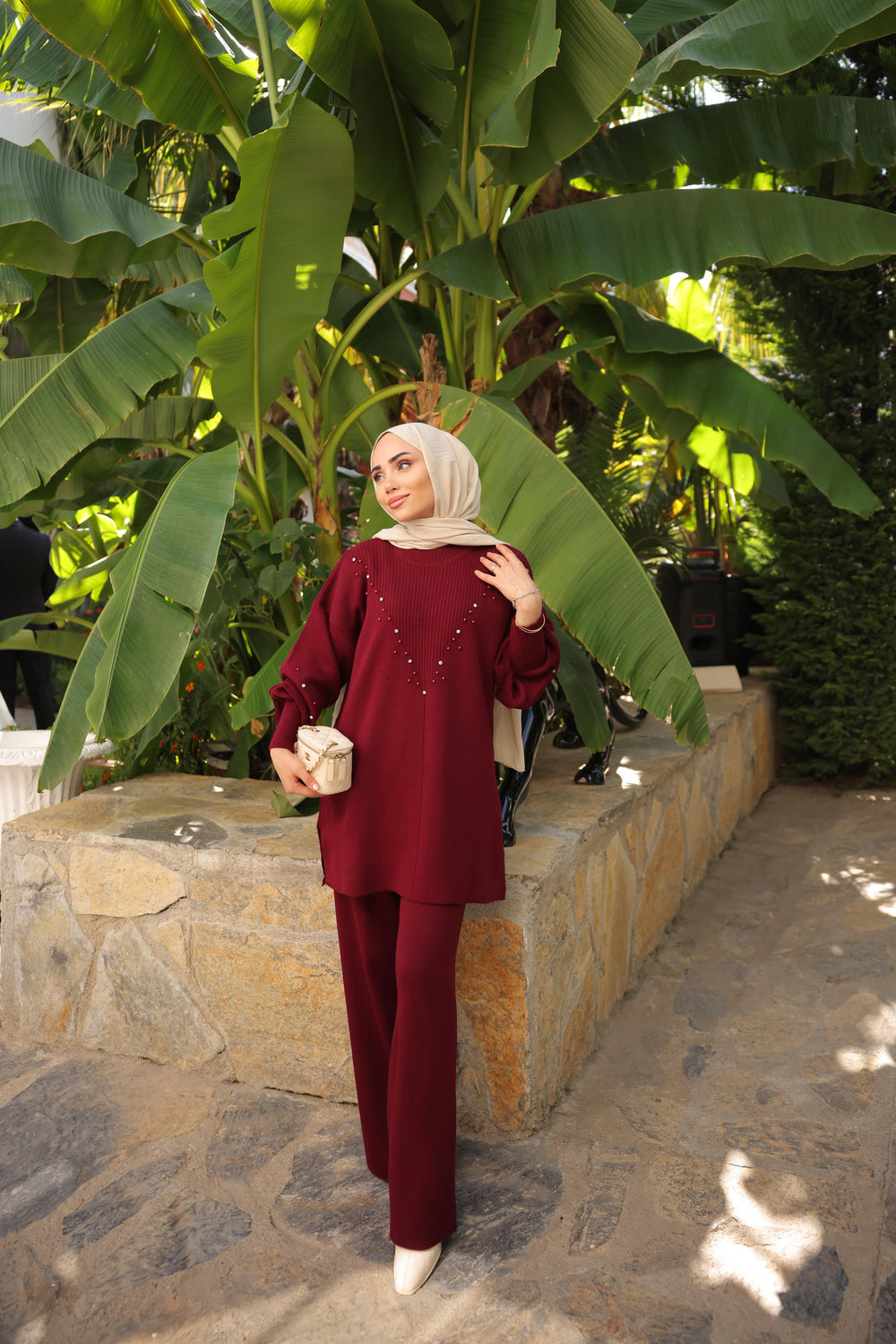 Maroon Rhinestone Embellished Knit Coord Set