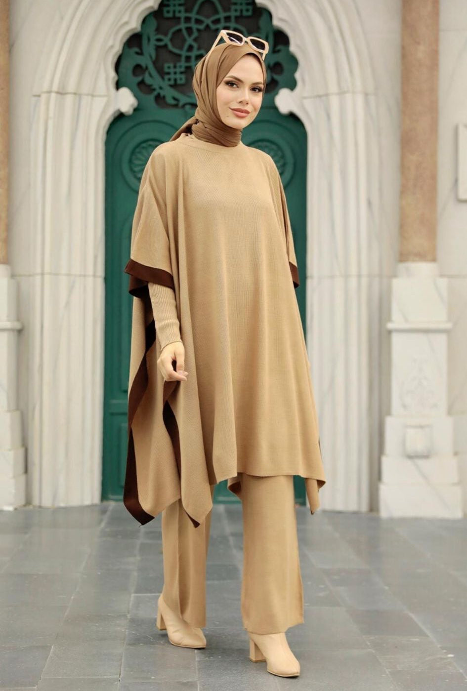 Zara Knit Poncho 3-Piece Set – Camel