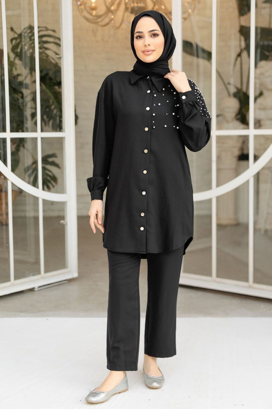 Black Pearl Button Modest Coord Set