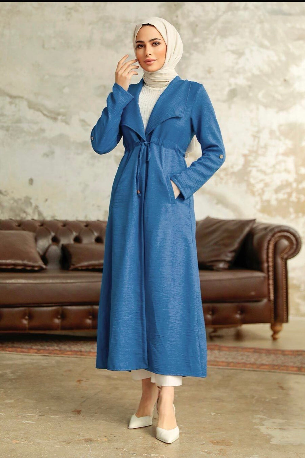Royal Blue Modest Tie-Waist Abaya Coat