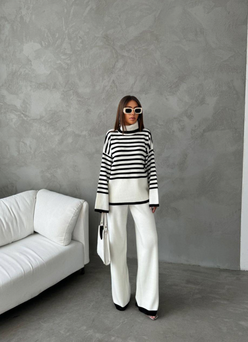 White & Black Striped Knit Set