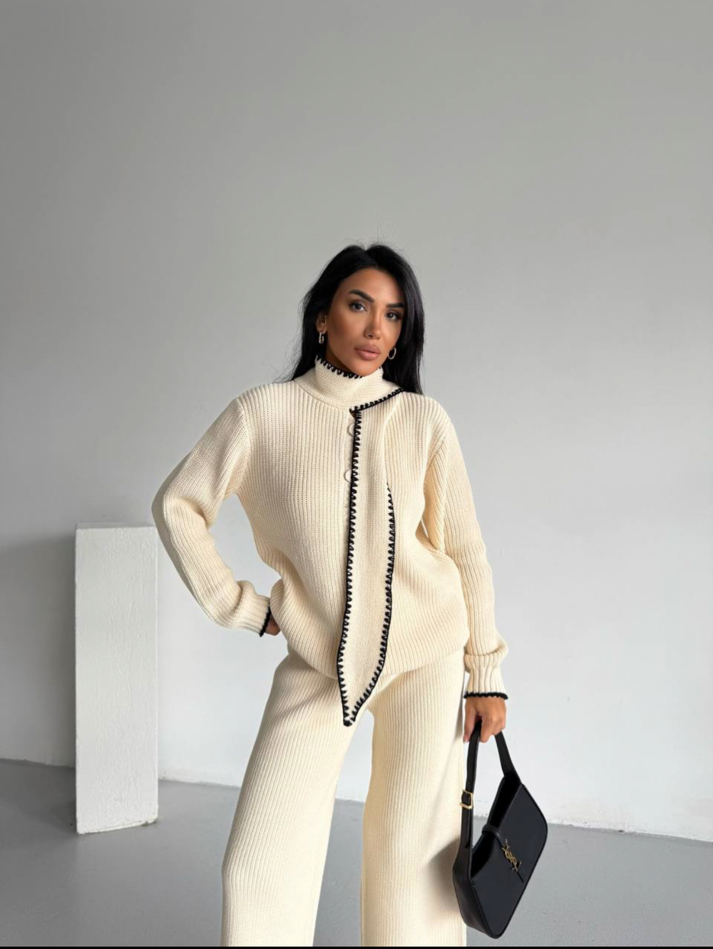 White Contrast Trim Knit Coord Set