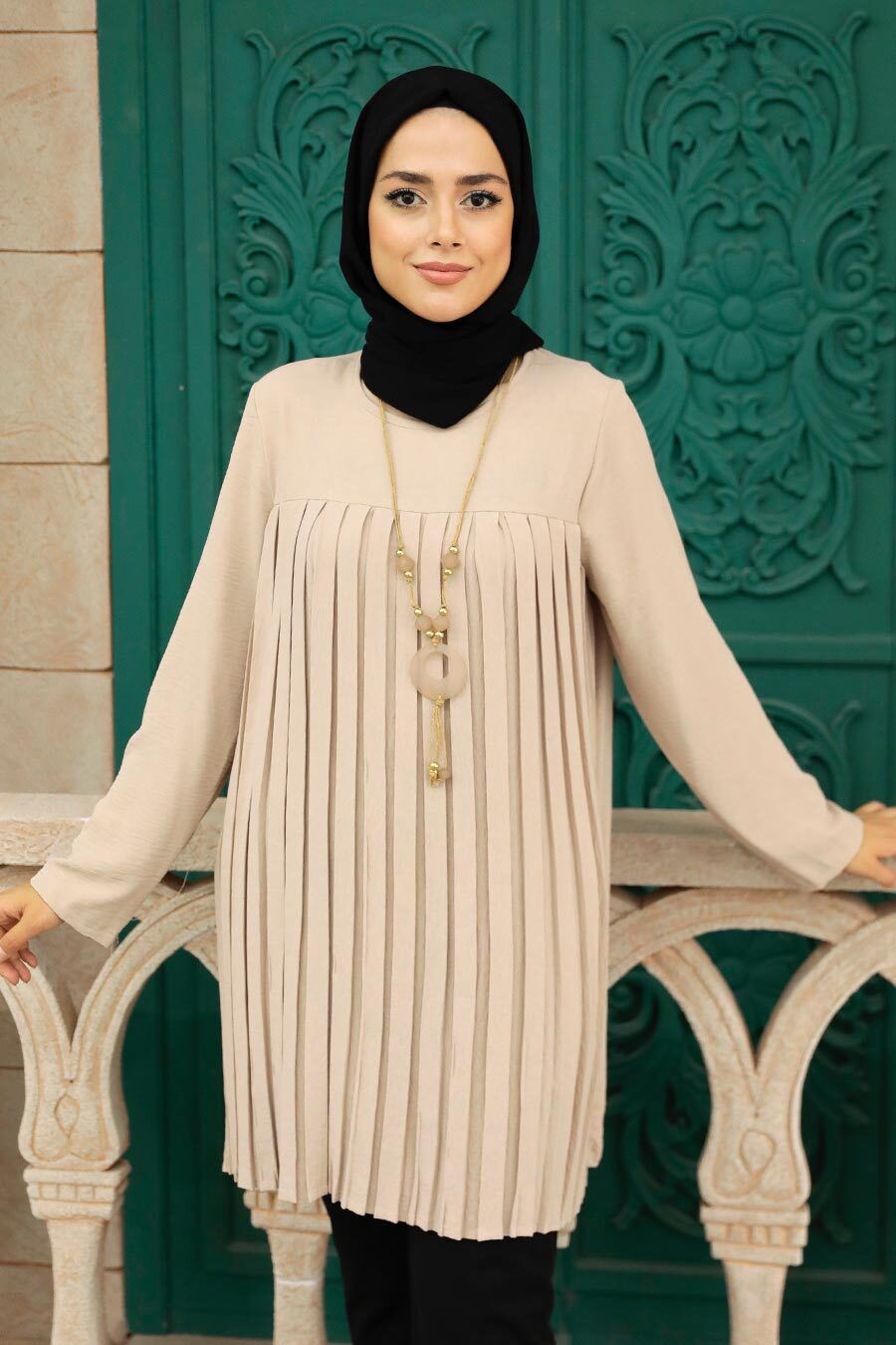 Beige Classic Pleated Front Tunic