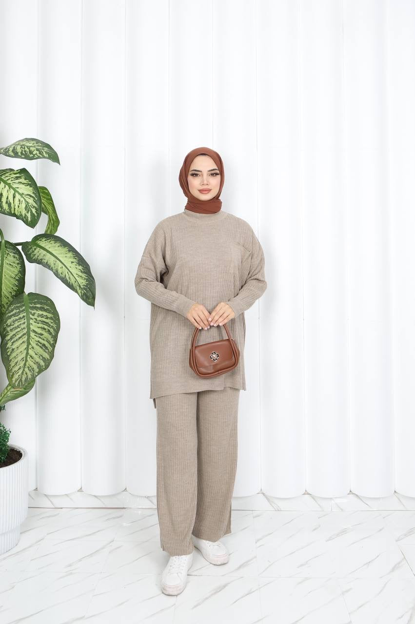 Beige Ribbed Coord Set