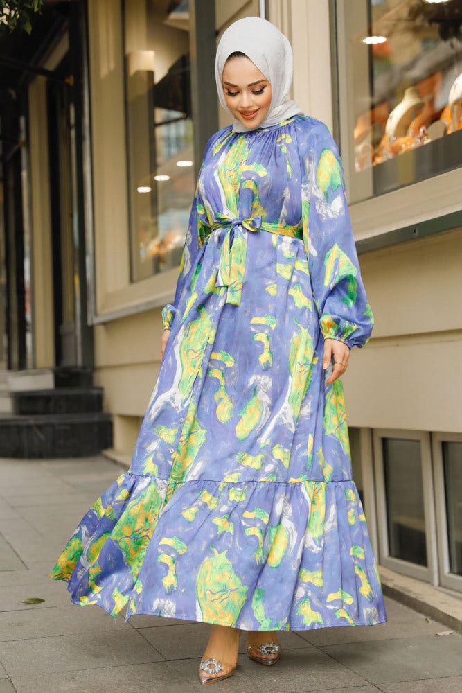 Dark Blue Abstract Satin Maxi Dress