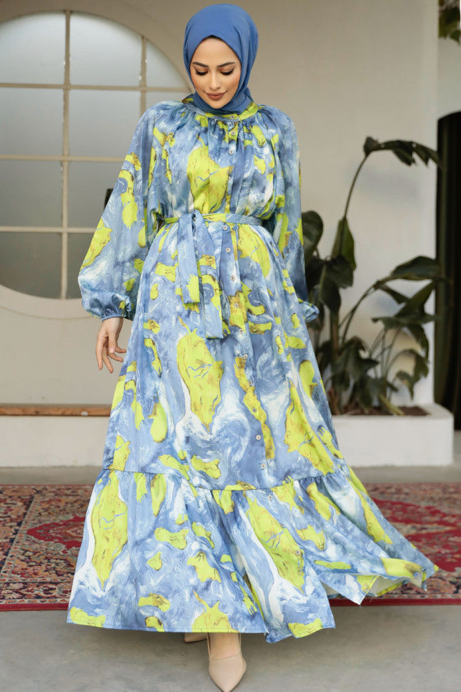 Light Green Abstract Satin Maxi Dress