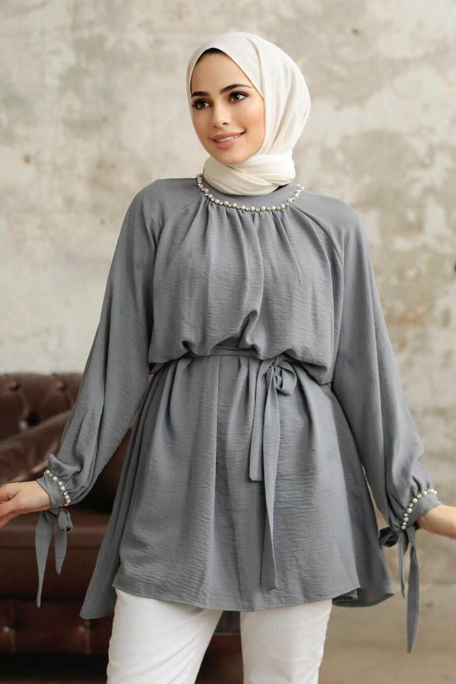 Grey Pearl Trim Top